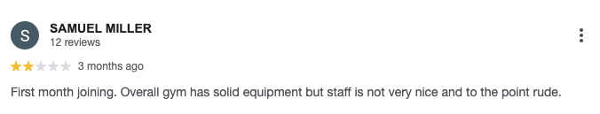 Screenshot of a customer’s review for PurLife Fitness Center. 