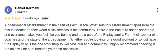 Customer review screenshot praising Replay Club, a luxury gym in West Palm Beach.