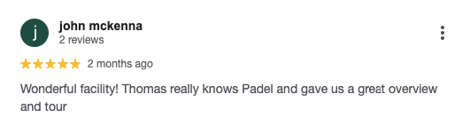 Screenshot of a customer’s review for Padel X Boca Raton. 