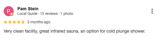 Screenshot of a customer’s 5-star Google review for Perspire Sauna Studio. 
