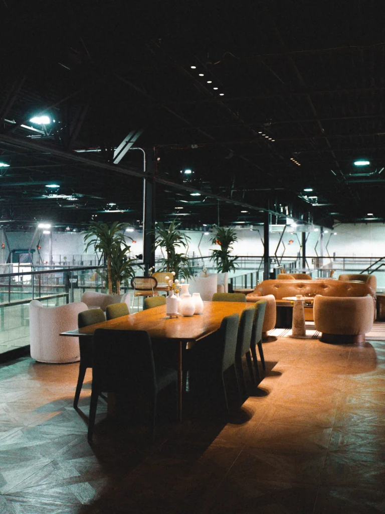 Workspace seating and club views at The Replay Club