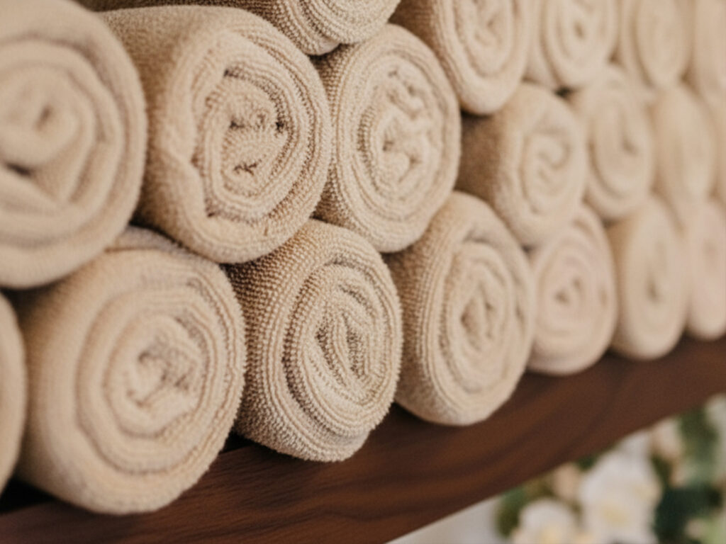 Folded towels and spa recovery detail at The Replay Club