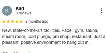 Screenshot of a customer’s review for Xcel Padel.