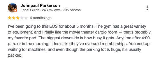 Screenshot of a customer’s review for EOS Fitness Boynton Beach. 