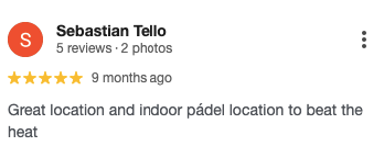 Screenshot of a customer’s review for Padel Club Palm Beach. 