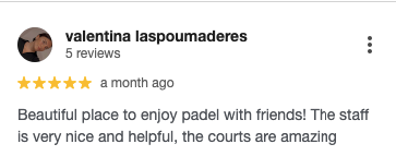 Screenshot of a customer’s review for Palm Beach Padel