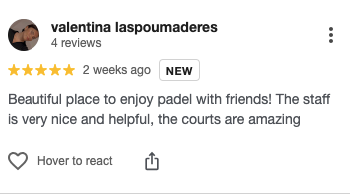 Screenshot of a customer’s review for Palm Beach Padel.