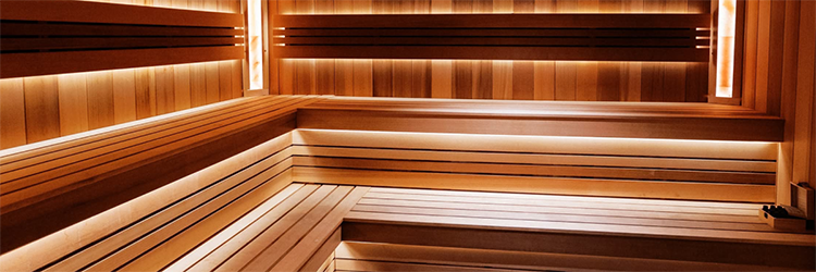 A spacious, softly lit sauna with tiered wooden benches, representing the recovery-focused facilities that set a well-rounded gym apart from the rest.