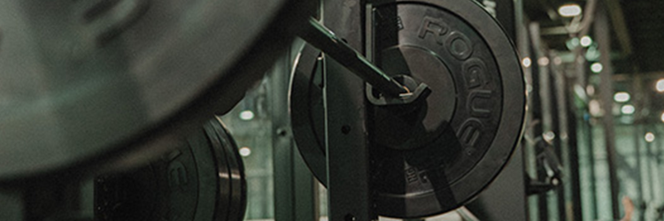 Rogue weight plates on a barbell rack at gym for strength and core training.