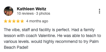 Screenshot of a customer’s review for Palm Beach Padel.