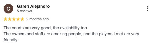 Screenshot of a customer’s review for Legio GP Padel World.