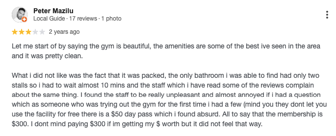 Customer review screenshot for Life Time Palm Beach Gardens, a luxury gym in Palm Beach Gardens.