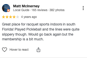 Customer Google review of Kinetic Indoor Racquet Club's padel and racquet sports facilities.