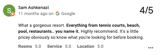 Customer Google review of The Breakers Palm Beach and its padel and resort amenities.