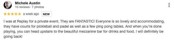 Customer Google review praising Replay Club's padel courts and wellness amenities.