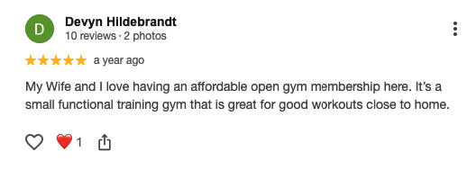 Screenshot of a five-star customer review for UR Gains Fitness on Google.