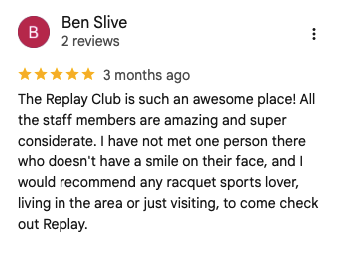 Screenshot of a five-star customer review for Replay Club on Google.