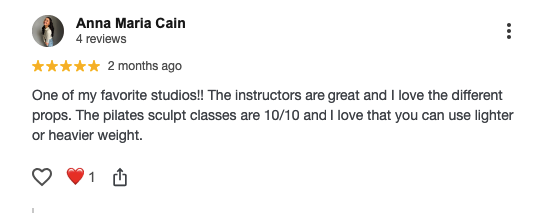 Screenshot of a customer review for Sweat Studio Fitness praising beginner-friendly class formats.
