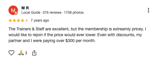 Five-star Google review for FitTown Jupiter praising coach quality and the supportive training environment