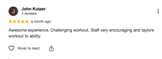 Positive Google review for HEW Fitness Jupiter highlighting encouraging coaches and community atmosphere