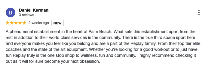 Five-star Google review for Replay Club praising the facility, courts, and community atmosphere