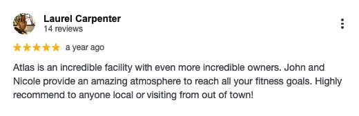 Screenshot of a customer’s review for Atlas Fitness & Performance.
