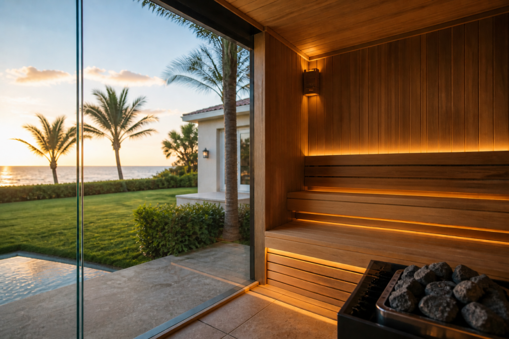 A sauna spa with sliding glass doors overlooking a scenic view at Palm Beach