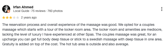 Screenshot of a customer’s 3-star Google review for Si Spa. 