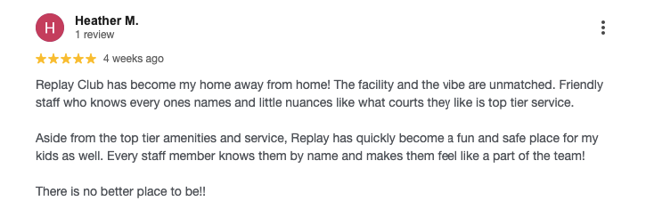 Screenshot of a customer’s 5-star Google review for Replay Club. 