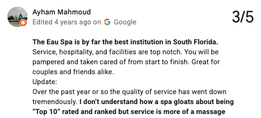 Screenshot of a customer’s 3-star Google review for Eau Palm Beach Resort & Spa. 