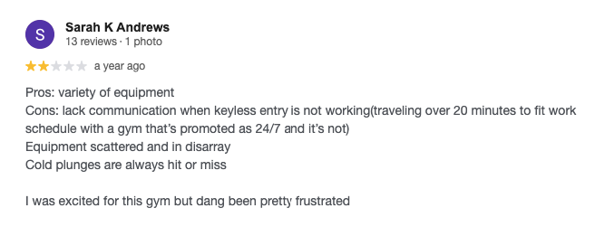 Screenshot of a customer’s 2-star Google review for Amped Fitness.