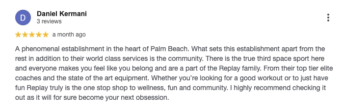Screenshot of a customer’s 5-star Google review for Replay Club. 