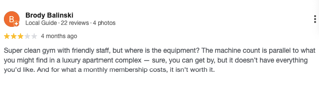Screenshot of a customer’s 3-star Google review for Equinox West Palm Beach. 