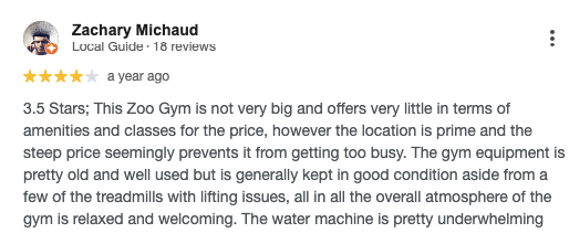 Screenshot of a customer’s 4-star Google review for Zoo Health Club. 
