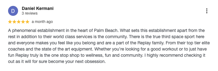 Screenshot of a customer’s 5-star Google review for Replay Club.